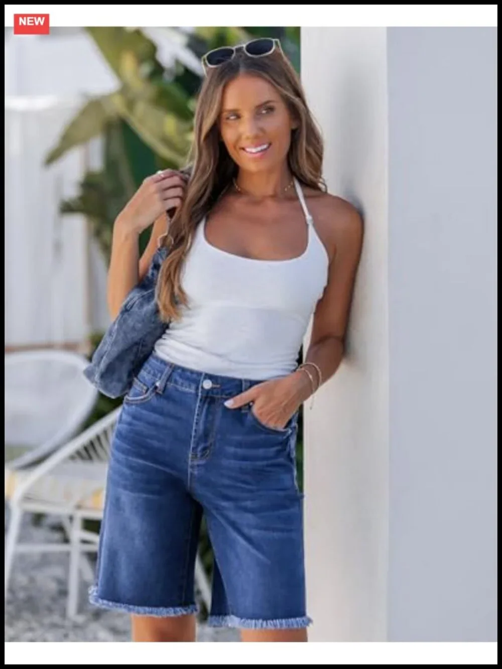 Stretch Denim Bermuda Shorts for Women Mid-Rise Raw Hem Knee Length 10